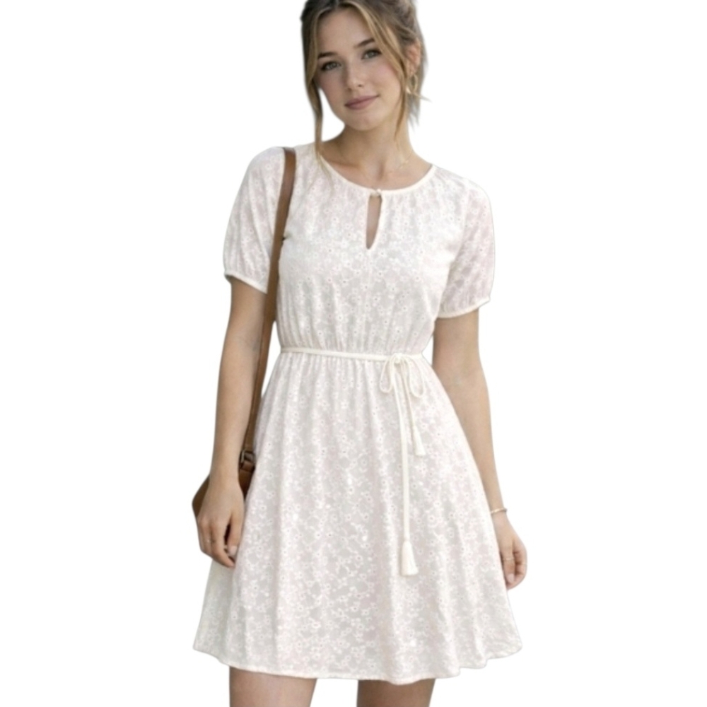 Madewell Boho Eyelet Keyhole Neckline Mini Dress Cowgirl Cottagecore 10